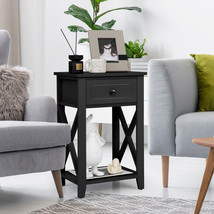Costway Nightstand Chair Side End Table Black W/ Drawer &amp; Shelf Bedroom - £87.18 GBP