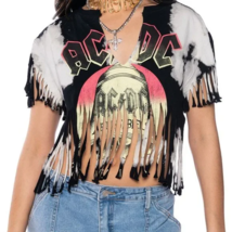 [New] Women&#39;s AC/DC Band Top Custom Cropped Shirt Size Small Crop Tee Fringe Dye - £31.46 GBP