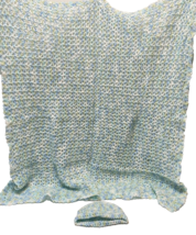 Vintage Handmade Crocheted Baby Blanket 34&quot; Square and New Born Beanie Cap Blue - £19.52 GBP