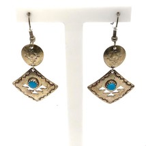 Vtg Navajo Overlay  Cut Out Sterling and Turquoise Stone Dangle Hook Earrings - £42.83 GBP