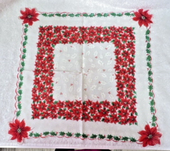 Vintage Christmas Hankie Holly &amp; Poinsettias Snowflakes Also Poinsettia ... - £7.61 GBP