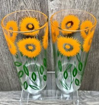 Vintage Orange Flowers Green Stems Tall Ice Tea Tom Collins Glasses Set Of 2  - £23.72 GBP