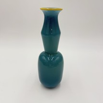 studio PARAN Hand blown Art glass vase aqua color 7.5” Signed Yellow Rim... - $85.50