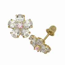 Baby Girl&#39;s Pink Sapphire Created Diamond Flower Stud Earrings 14K Yello... - $78.20