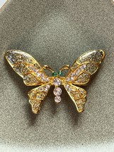 Large Glitter Inlaid w White &amp; Green Acrylic Rhinestone Accents Goldtone BUTTER - £8.88 GBP