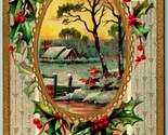 Holly Framed Cabin Scene Merry Christmas Gilt Embossed Art Deco DB Postc... - $7.87