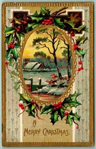 Holly Framed Cabin Scene Merry Christmas Gilt Embossed Art Deco DB Postcard I7 - £6.15 GBP