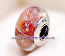 TOP 925 Sterling Silver Handmade Glass Shiny Gold and Red Murano Glass Charm  - £4.13 GBP