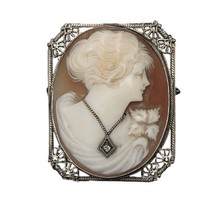 c1920 14k White Gold Cameo with Diamond Pendant/Brooch - $371.25