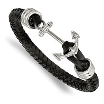 Men&#39;s Stainless Steel &amp; Black Braided Leather Anchor Bracelet - $95.99