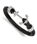 Men&#39;s Stainless Steel &amp; Black Braided Leather Anchor Bracelet - £76.73 GBP