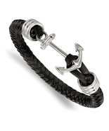 Men&#39;s Stainless Steel &amp; Black Braided Leather Anchor Bracelet - $134.46 CAD