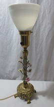 Vintage French Style Brass Antique Lamp W/ Porcelain Flowers W/GLASS Shade - £59.95 GBP