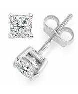 14K WHITE GOLD 0.66CT Square Princess Cut Natural Diamond  PUSHBACK Earrings - $466.57