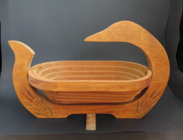 Duck Collapsible Wood Spiral Cut Basket Fruit Bowl Trivet w/ Duck Accent... - £11.80 GBP