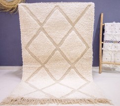 Handmade White Moroccan Beni Ourain Rug Authentic Berber Wool Carpet Boho Chic - £180.56 GBP