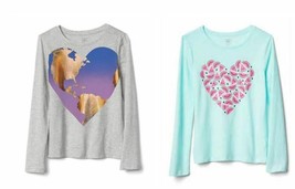 New Gap Kids Girls Heart Graphic Green Gray Long Sleeve Crew Cotton T-sh... - $14.99