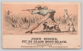 Victorian Trade Card John Moore Boots Hunting Humor Man Shooting Rabbits - £5.69 GBP