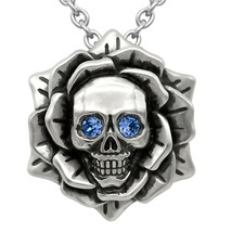 Skull Rose September Blue Birthstone Necklace With CZ Crystal 17&quot; - 19&quot; Chain - £58.96 GBP