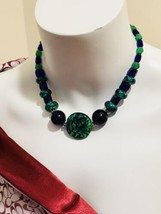 Chunky Vintage Blue Green Glass Lava Beads Necklace 16” Long Sterling Beafs Clasp - £59.01 GBP