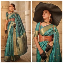 Green White Banarasi Silk Saree With Blouse Piece, Free Shipping, Gift for her,  - £63.23 GBP