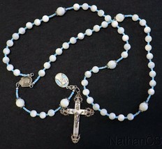 Catholic Rosary MOP &amp; Sterling Vintage Cross Blue Medal Rosenkranz Antik Kreuz - £198.32 GBP