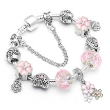 CHIELOYS Flower Style Charm Bracelets For Women Pink Crystal Beads Silver Plated - £12.34 GBP