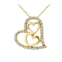 14K Yellow Gold Plated Silver 1/10 ct Real Moissanite Triple Heart Pendant V-Day - £54.76 GBP