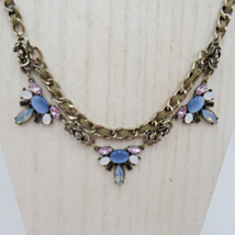 Loft Necklace Silver Tone 18&quot; Chain Purple Rhinestone Blue Beads Statement Bib - £11.66 GBP