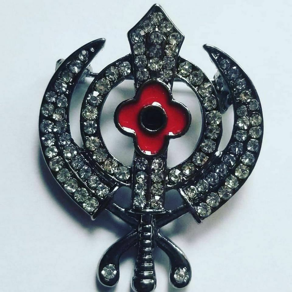 Primary image for Stunning Diamonte Black Gun Metal SIKH KhandaPoppy Singh Kaur Khalsa Brooch Pin