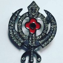 Stunning Diamonte Black Gun Metal SIKH KhandaPoppy Singh Kaur Khalsa Brooch Pin - $13.43