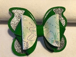 Butterfly Design 4 Layer Hair Bow. Green, Silver And White 3.5&quot; X 3&quot;. Homemade - $8.56