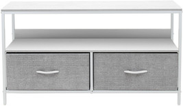 TV Stand Cabinet, Media Console Table, Steel Frame, Wood Top, Fabric Bins -White - £106.81 GBP
