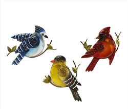 Bird Design Wall Decor Set of 3 Glass & Iron Blue Jay, Cardinal, Yellow Bird  image 1