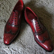 Men&#39;s Maroon Red Burnished Brogue Toe Oxford Hand Painted Leather Shoes US 7-16 - £110.26 GBP