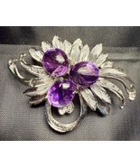 Vintage 800 Silver Brooch Amethyst Cabochons Floral Spray Rollover Clasp - $45.99