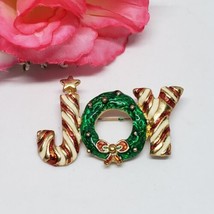 Vintage Red White Green Enamel Christmas JOY Brooch Gold Tone Pin - $14.95