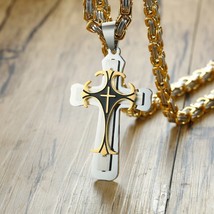 Vnox Cross Necklace For Men Byzantine Gold Color Stainless Steel Chain Catholic  - £36.51 GBP