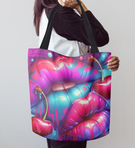 Vibrant Lips &amp; Cherries Canvas Tote Bag | Colorful Pop Art Style Carryal... - $50.26 CAD