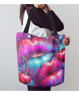 Vibrant Lips &amp; Cherries Canvas Tote Bag | Colorful Pop Art Style Carryal... - $50.65 CAD