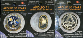 Set Of 3 Mint Apollo 11 50th Anniversary Lunar Flown Official Nasa Metal Pin Coa - £20.26 GBP