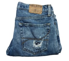 Mens Hollister Skinny Jeans Actual Size 32X28 Straight Blue Distressed - £11.88 GBP