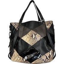 Big Buddha Patchwork Tote Faux Leather Matte &amp; Shiny Black w/Snake print... - $515.02 MXN
