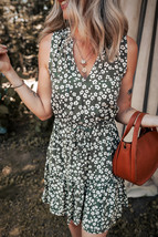 Green Boho Floral Print V Neck Tunic Sleeveless Dress - $16.05