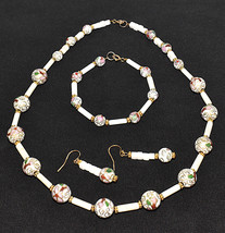 Vintage Murano Venetian 3pc Floral Glass Bead Necklace Set White Pink Green Gold - £43.95 GBP
