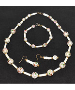 Vintage Murano Venetian 3pc Floral Glass Bead Necklace Set White Pink Gr... - £43.45 GBP