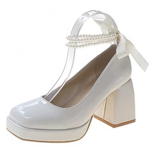 Pearls Strap Platform Pumps Women Shoes Fashion High Heels White Mary Janes Woma - £58.84 GBP