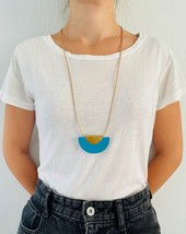Greek Island Necklace - Santorini, Bronze Curved Necklace with Turquoise Wooden  - £26.75 GBP