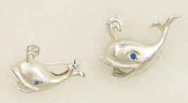 Vintage Costume Jewelry Blue Rhinestone Happy Spouting Whales Brooch Pins - £16.33 GBP
