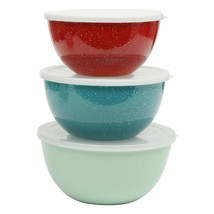 Pioneer Woman 6-Pc Enamel on Steel Mixing Bowls Lids Speckle Teal Merlot... - $720.47 MXN